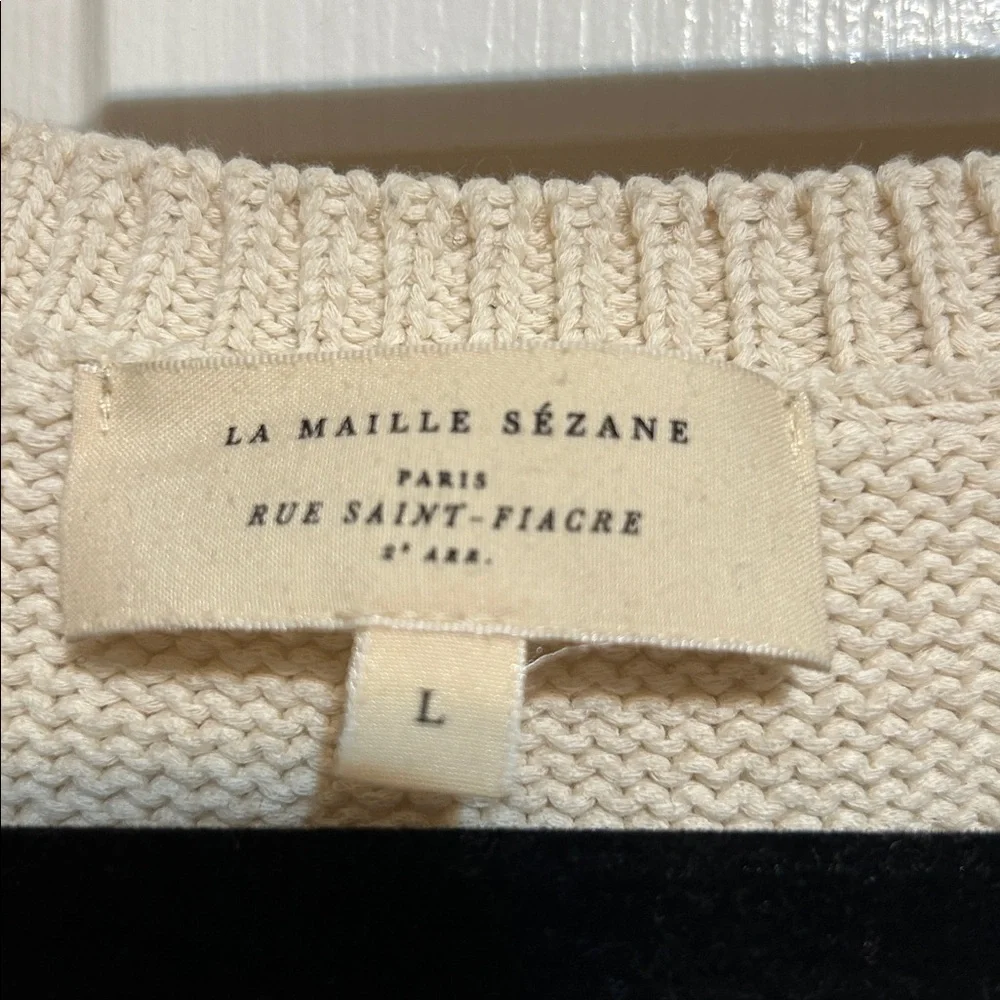 Sezane Striped Henley Pullover Sweater in Cream and Navy - Picture 2 of 6